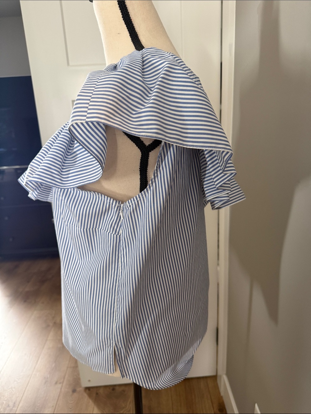 Blue Striped One-Shoulder Ruffle Shirt - Picture 2 of 3